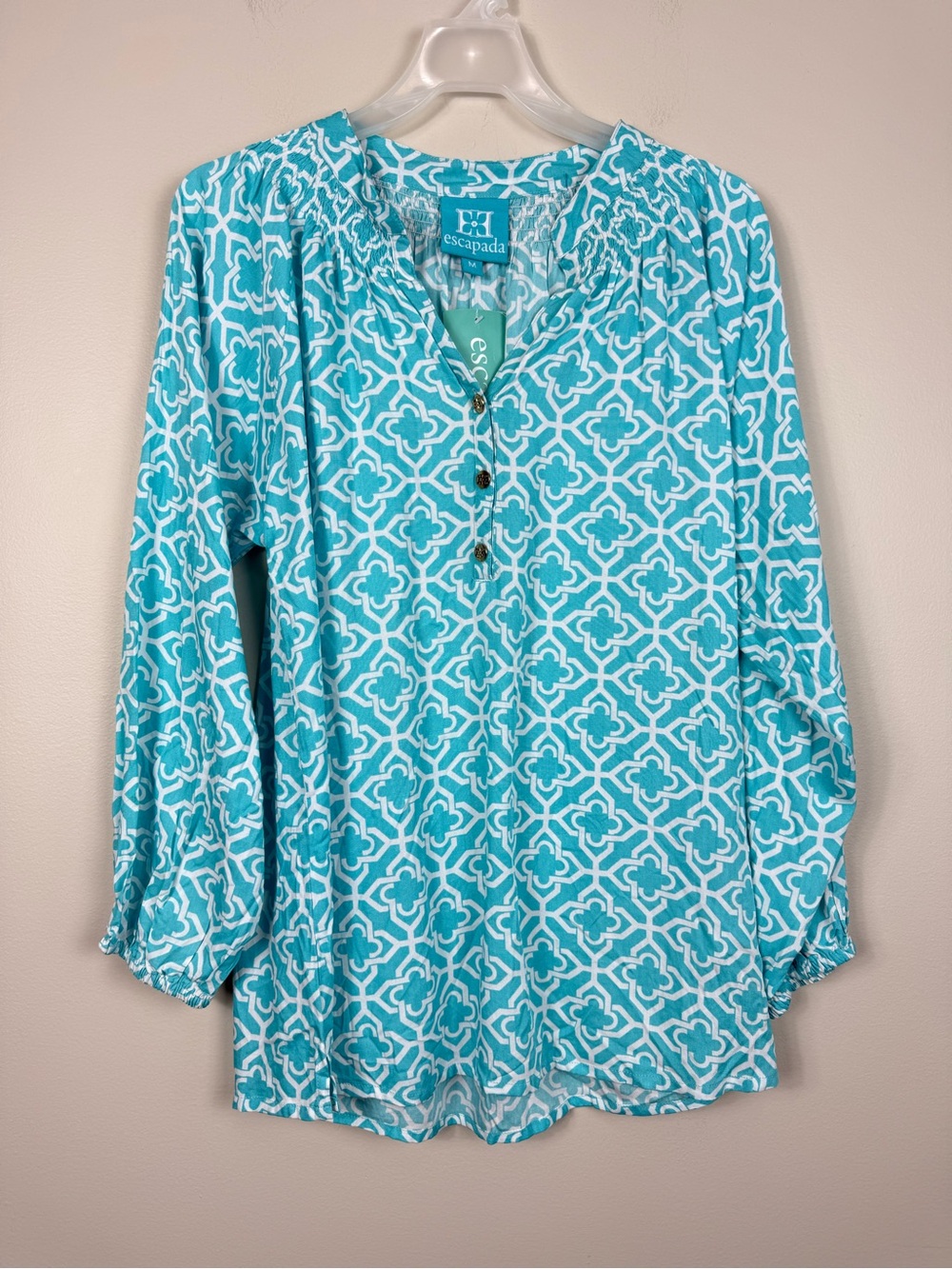 Escapada Lily Top Womens Medium Blue White Geometric Summer Preppy Vacation NWT